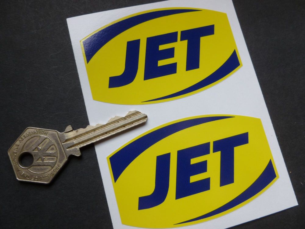 JET Petrol Later Style Barrel Shaped Stickers. 3" Pair.