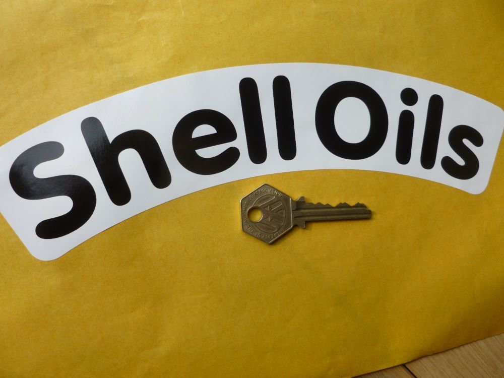 Shell Oils Black & White Rounded and Curved Text Stickers. 10" Pair.