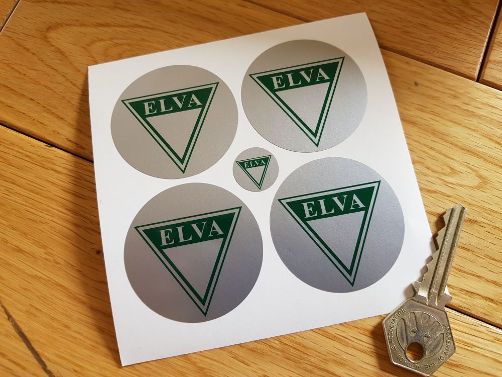 Elva Green & Silver Wheel Centre Style Stickers. 50mm. Set of 4.