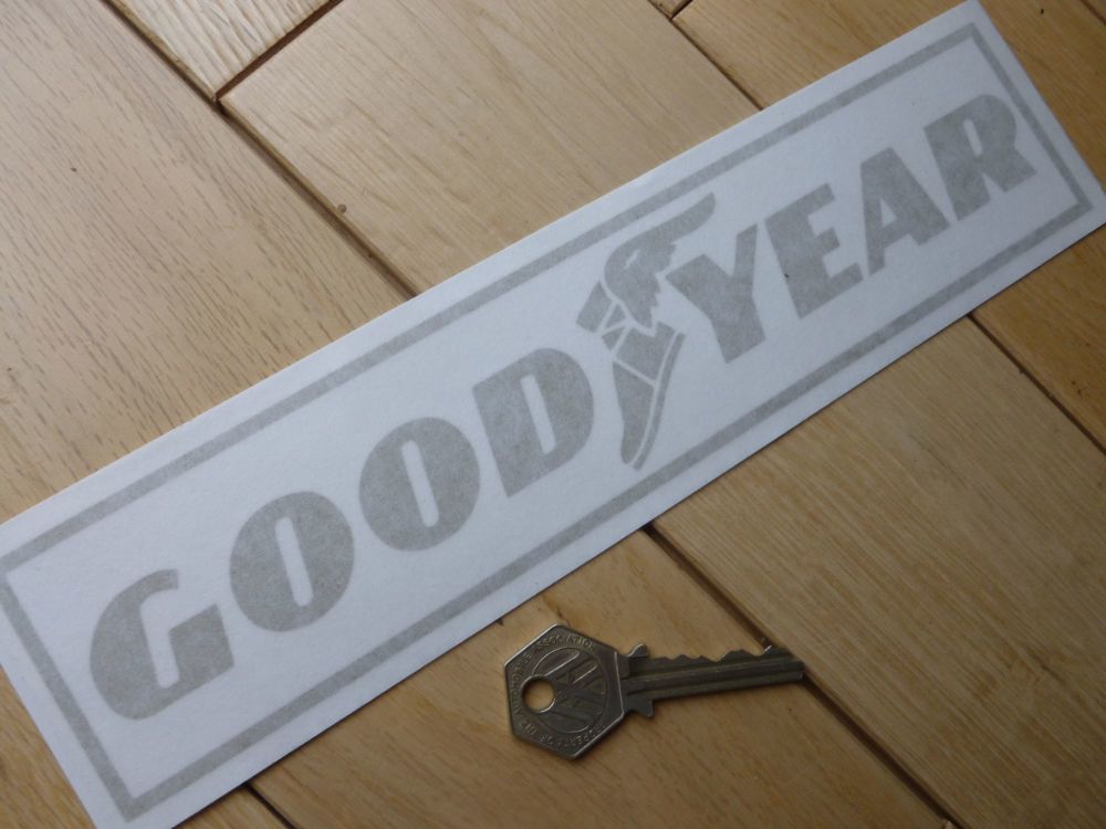Goodyear Text & Winged Shoe Black on White Oblong Stickers. 9.75