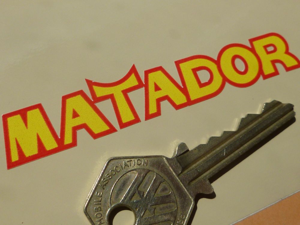 Bultaco Matador Yellow & Red Cut Text Sticker. 85mm