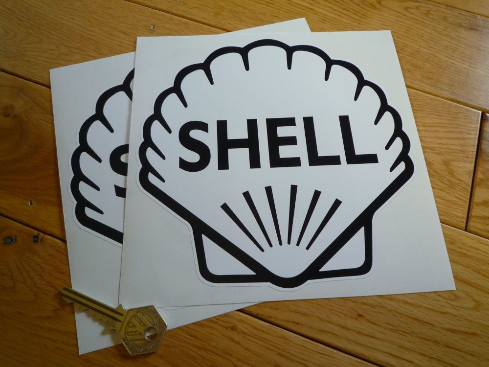 Shell Classic Logo Black & White Stickers. 4", 4.5", 6" or 7" Pair.