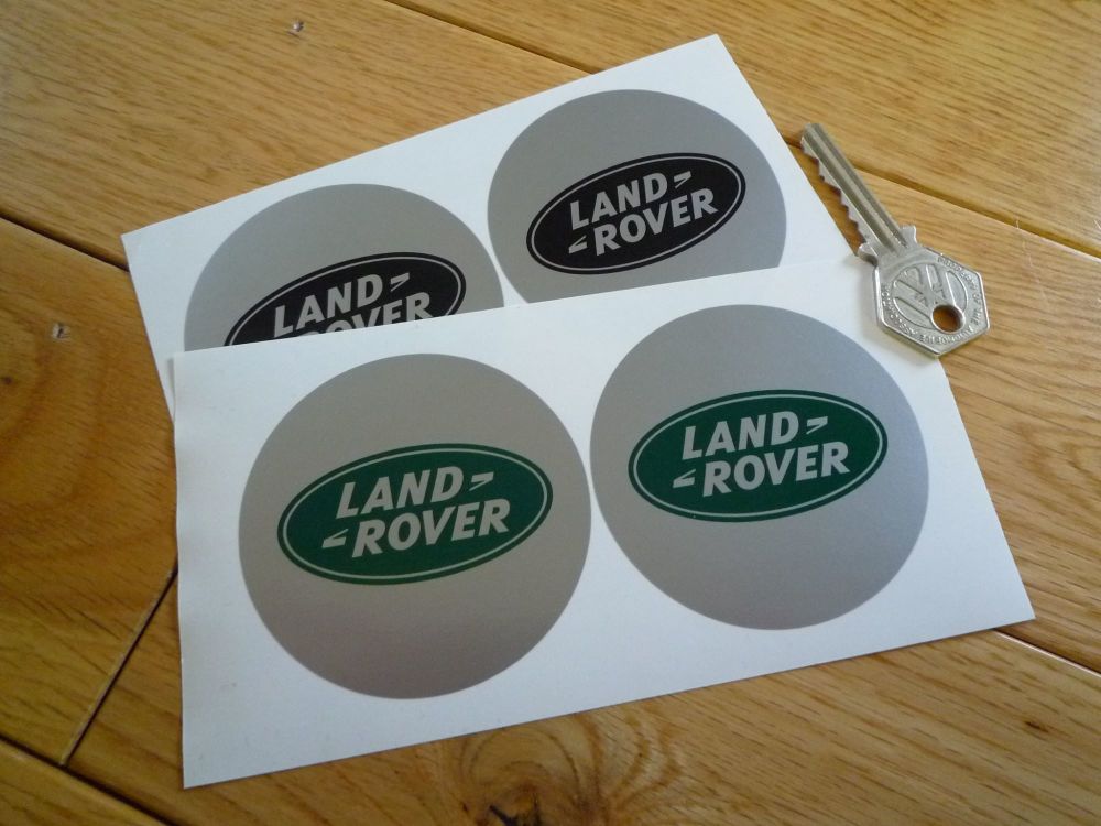 Land Rover Silver with Green or Black logo Circular Stickers. 68mm Pair.