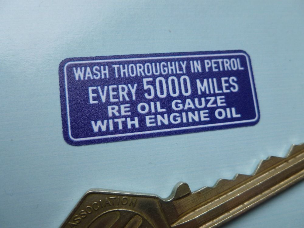 AC Wash Thoroughly Every 5000 Miles Air Cleaner Blue & White Sticker. 44mm.