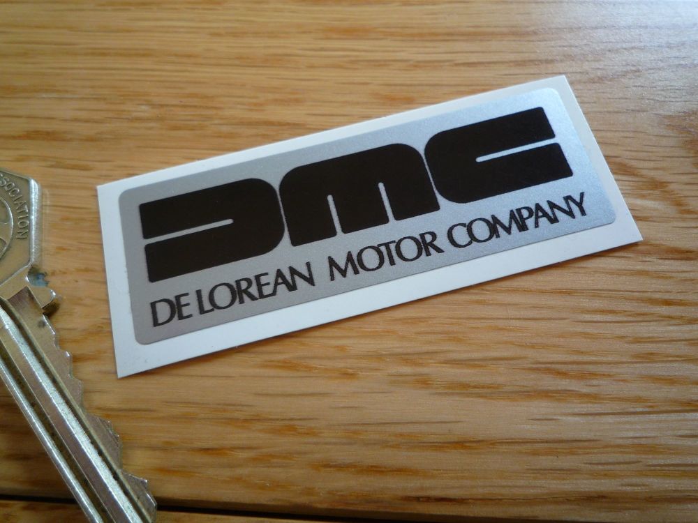 DeLorean Small Oblong Black & Silver Sticker. 2.5".