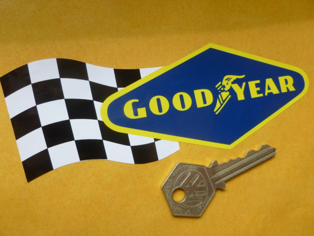 Goodyear Diamond & Flag Shaped Stickers. 4", 6", or 10" Pair.