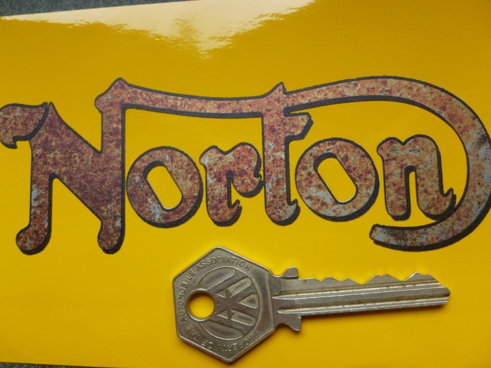 Norton Cut Text Rusty & Distressed Style Stickers. 5" Pair.