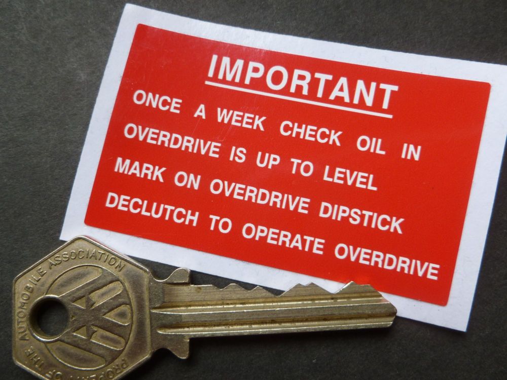 Important Check Overdrive Oil Weekly. Red & White Land Rover Sticker. 2.5".