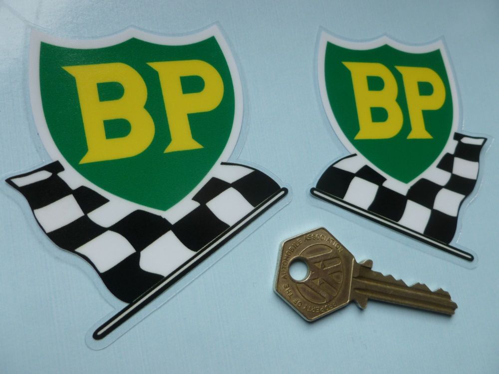 BP '58 - '89 Shield & Chequered Flag Window Stickers. 3" Handed Pair.