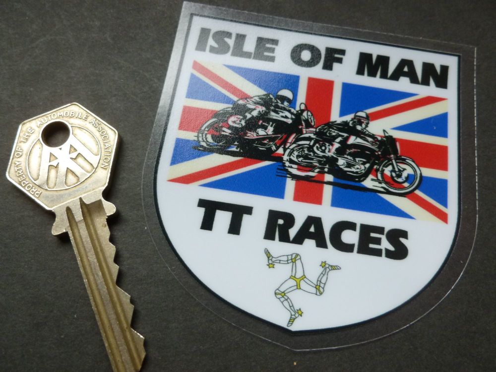 Isle Of Man TT Races Union Jack Shield Window Sticker. 3".