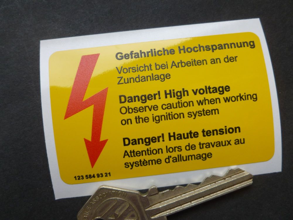 Mercedes Benz 123 584 93 21 Danger High Voltage Underbonnet Warning Sticker. 3".