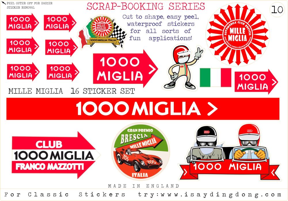 Classic Mille Miglia Scrapbooking Stickers Small Scale Rallying Labels. Set of 16. Set #10.