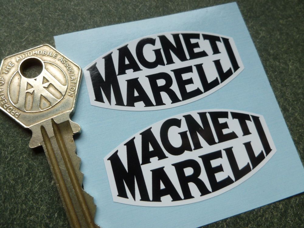 Magneti Marelli Old Serif Style Black & White Stickers. 2" Pair.