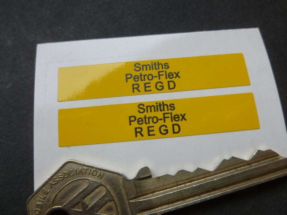 Smiths Petro-Flex REGD Yellow Petrol Pipe Stickers. 50mm x 10mm Pair.
