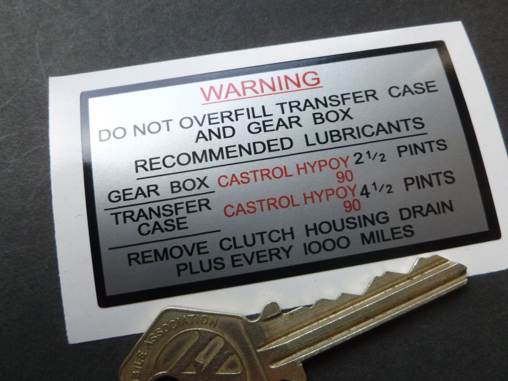 Warning Do Not Overfill Transfer Case and Gear Box Land Rover Sticker. 3".