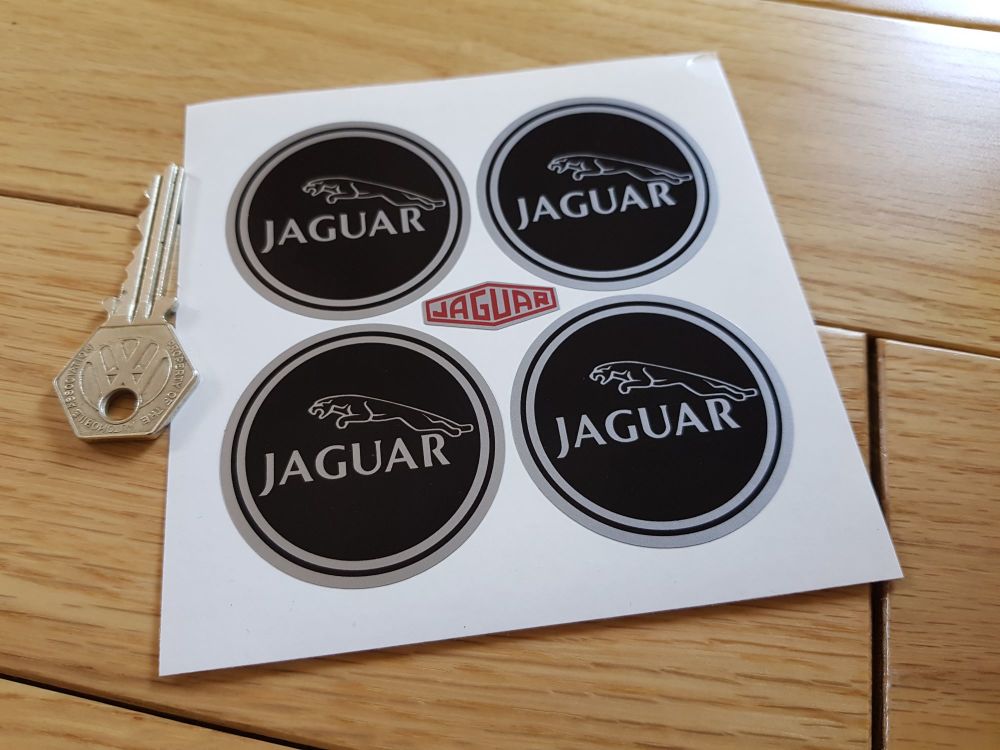 Jaguar Racing Wheel Centre Stickers. Leaper. Black & Silver. Set of 4. 50mm