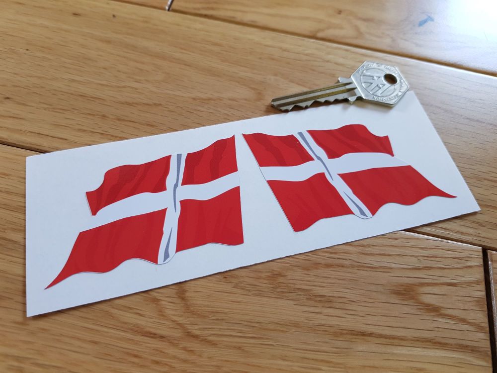 Denmark Wavy Flag Stickers. 2" Pair.
