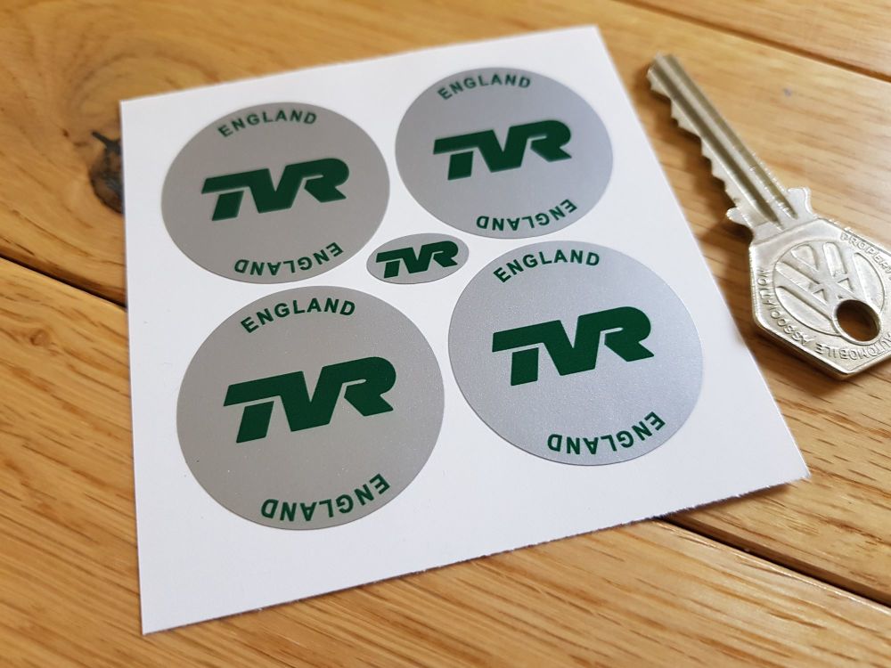 TVR England Green on Silver Wheel Centre Stickers. Set of 4. 35mm or 50mm.