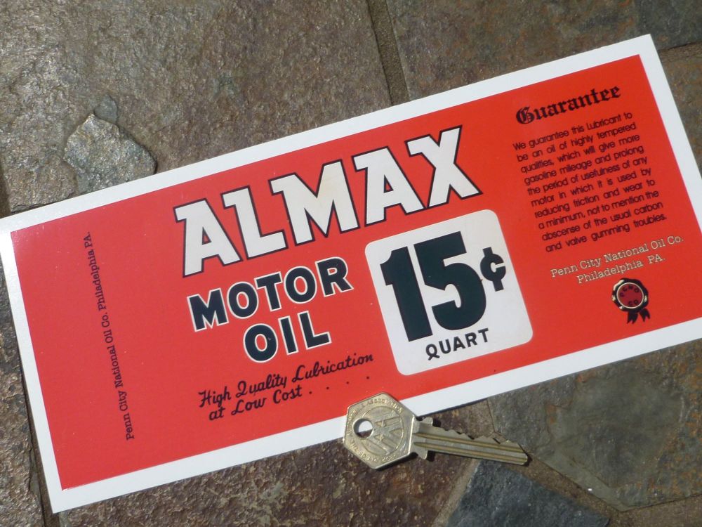 Almax Motor Oil Can-Wrap Distressed Old Rusty Style Oblong Sticker. 9.5".