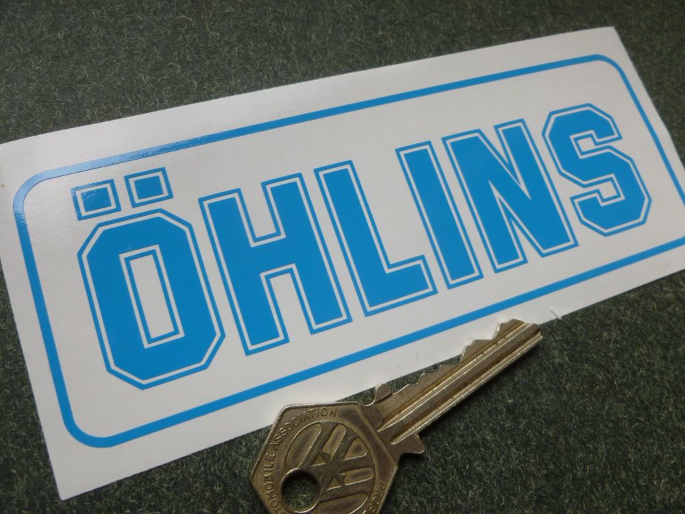 Ohlins Lighter Blue cut vinyl no background Oblong Stickers. 140mm Pair