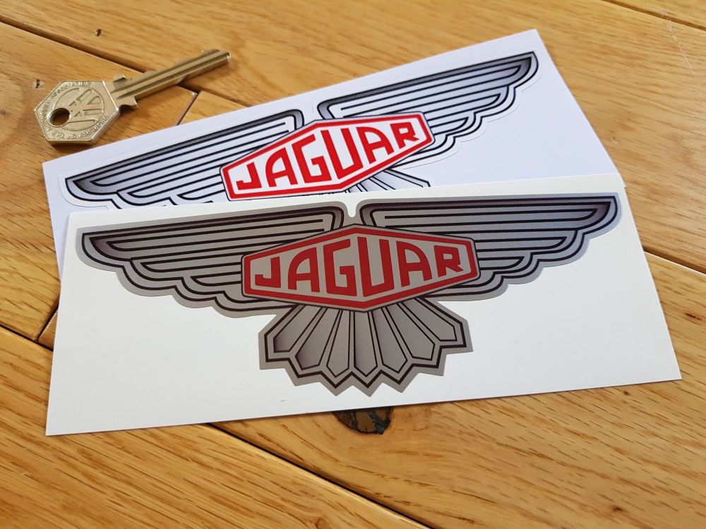 Jaguar Winged Lozenge Stickers. 3", 6", or 12" Pair. Silver or White.