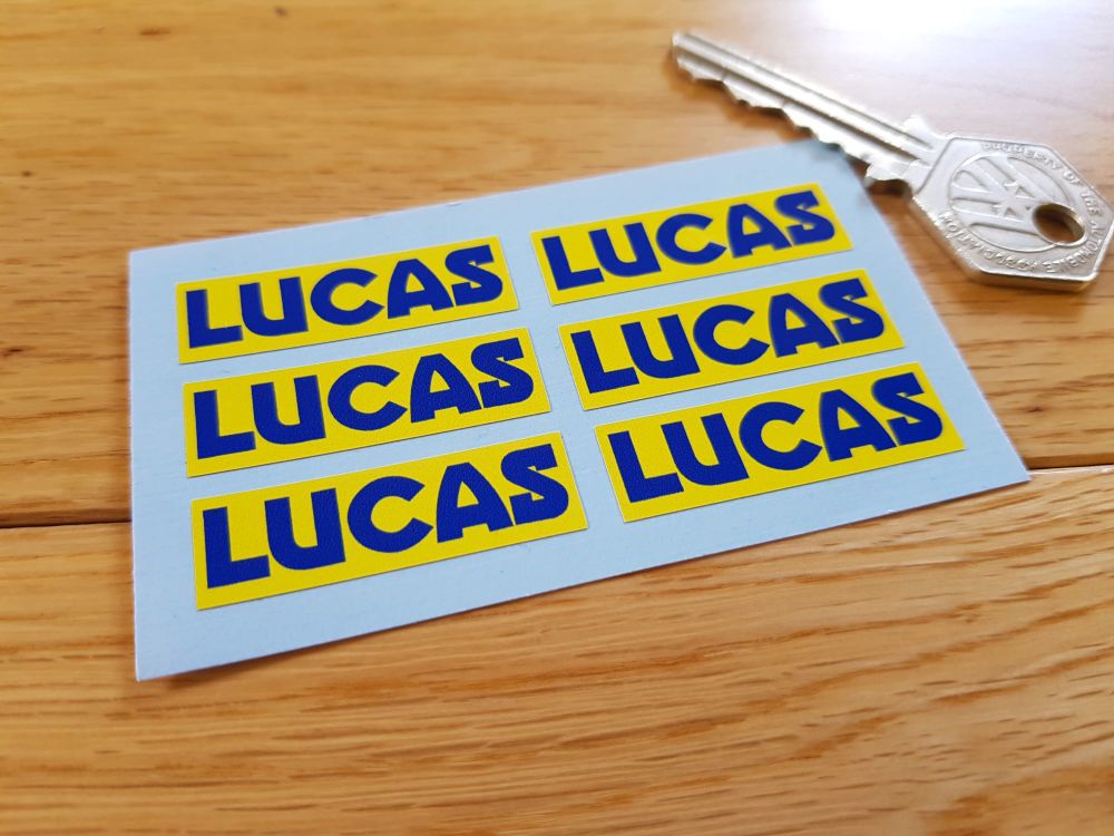 Lucas Blue & Yellow Oblong Stickers. Set of 6. 38mm.