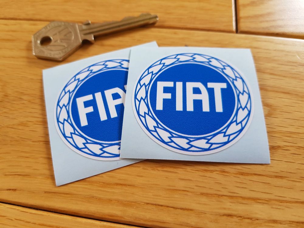 Fiat Garland Style Blue & White Round Stickers. 2" Pair.
