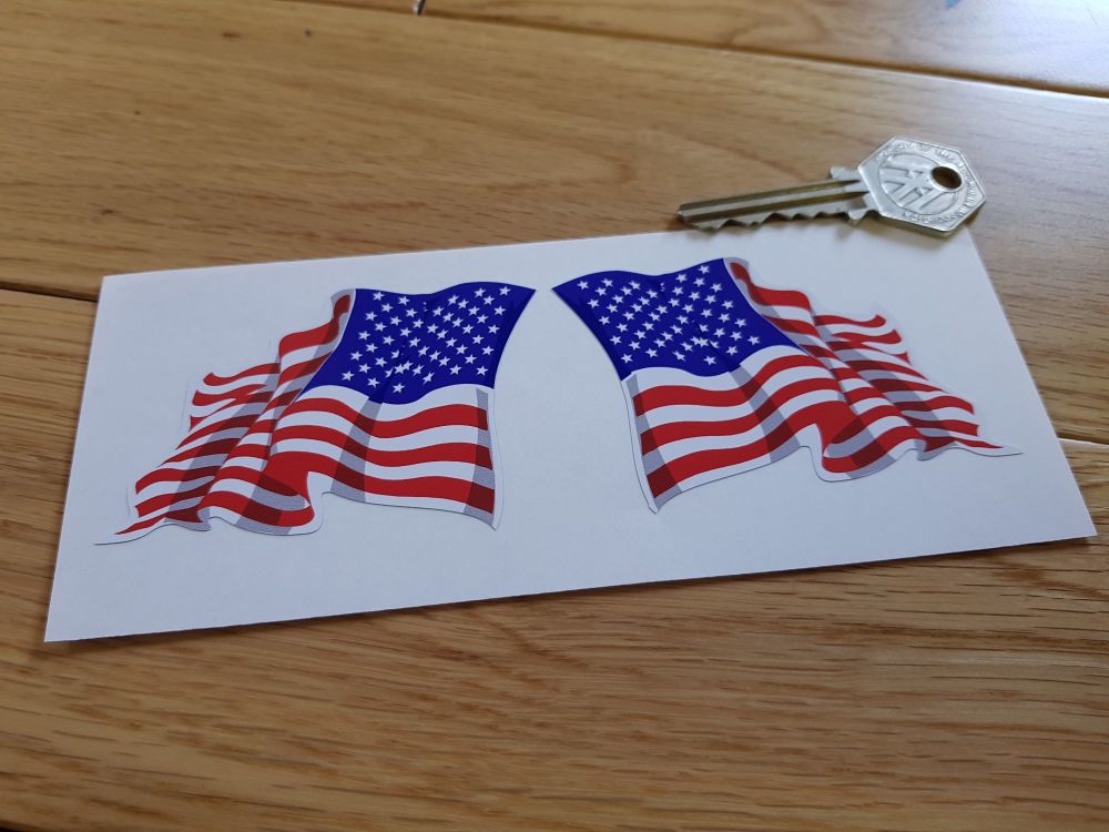 USA Stars & Stripes Wavy Flag Stickers. 2", 3", 4" or 8" Pair.