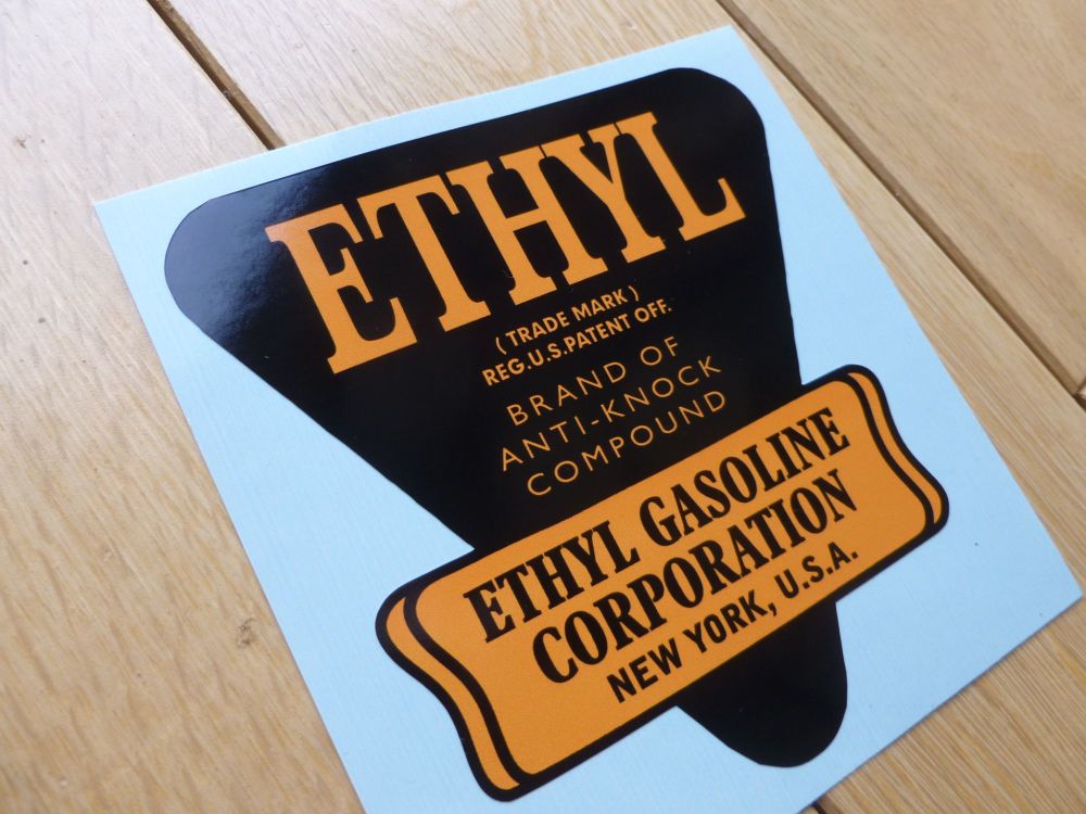 Ethyl Old Style Black & Orange Gasoline Shaped Sticker. 4".