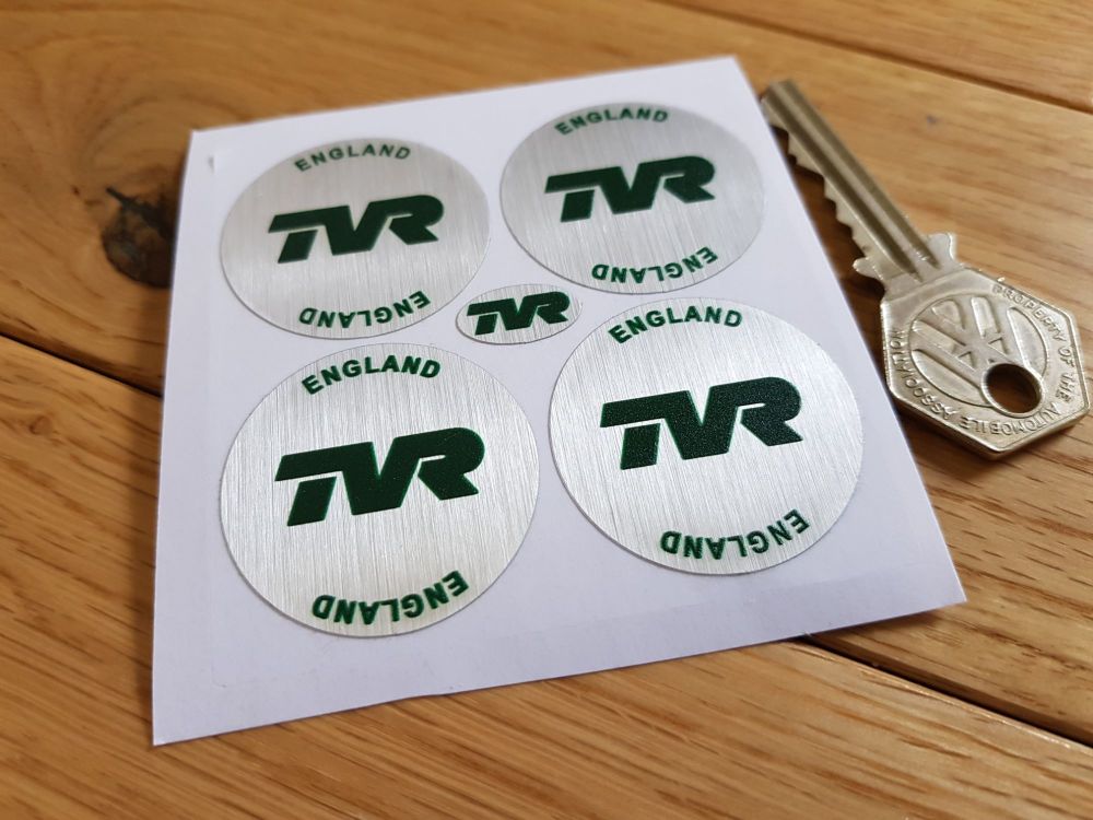 TVR England Green on Brushed Silver Foil Wheel Centre Stickers. Set of 4. 3