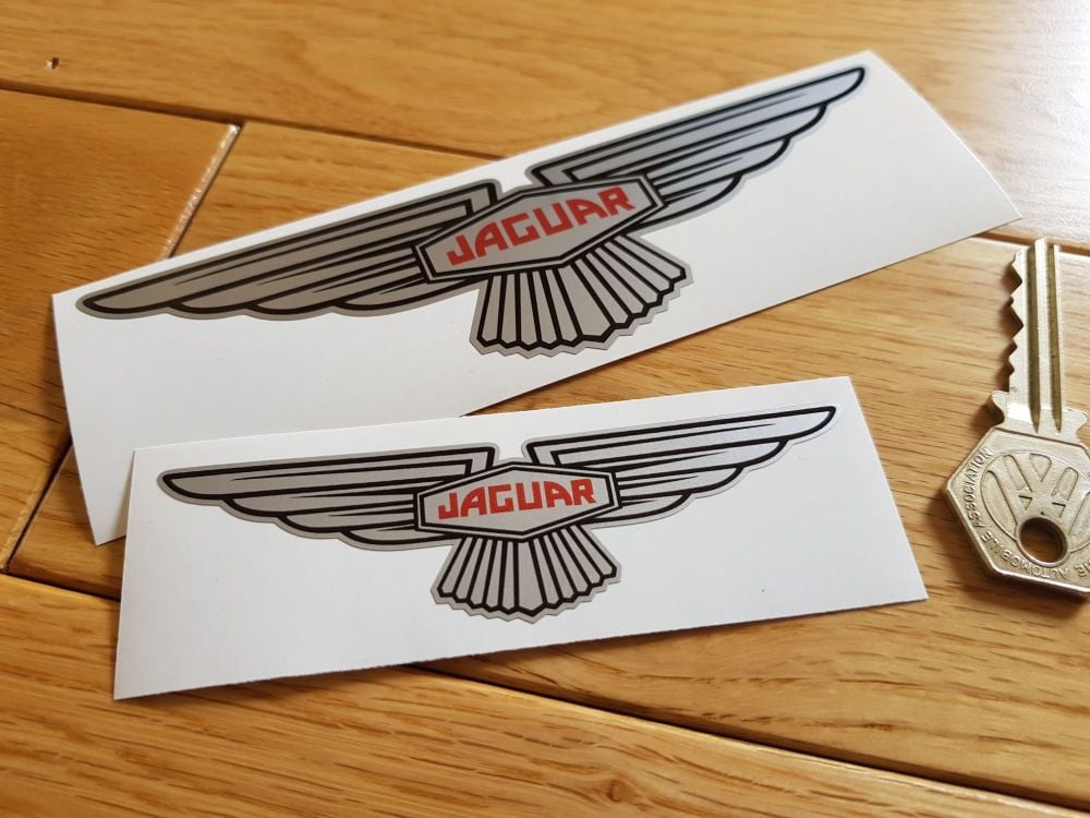 Jaguar 'Slim' Wing Lozenge Silver Sticker. Sticky Backed. 4" or 6".