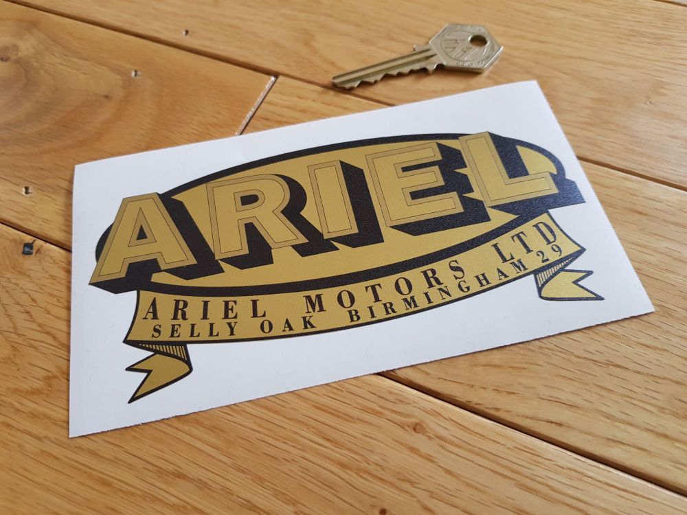Ariel Motors Ltd Oval & Banner Logo Black & Gold Sticker. 6".