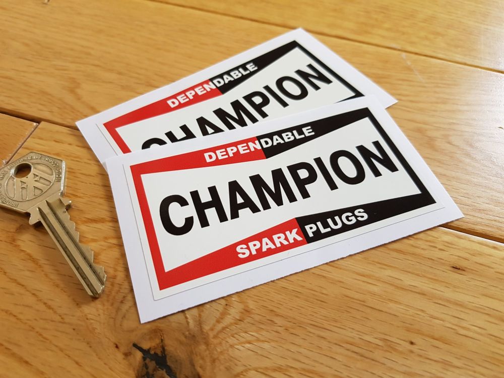 Champion Spark Plugs 'Dependable' Off-White Oblong Stickers. 4" Pair.