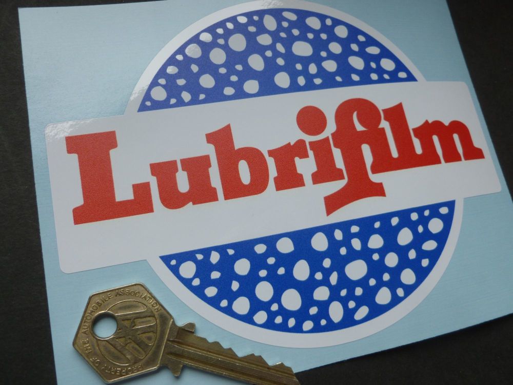 Lubrifilm Oils Sponsors Sticker. Red, Blue & White. 6".