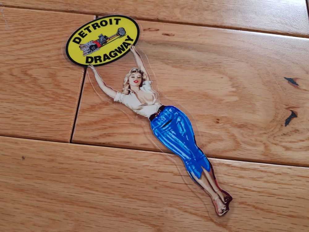 Detroit Dragway Girl Holding Sign Window Sticker. 6".