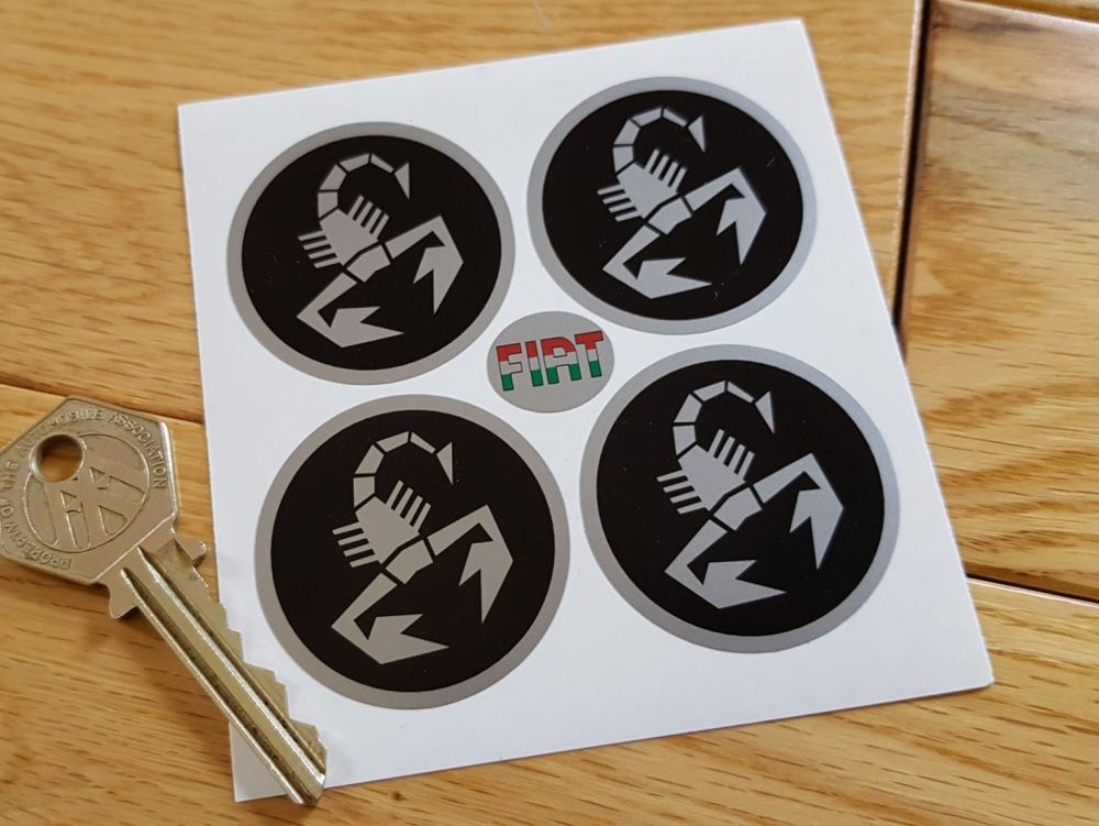 Abarth & Co Silver Scorpion Wheel Centre Stickers. Set of 4. Various Sizes.
