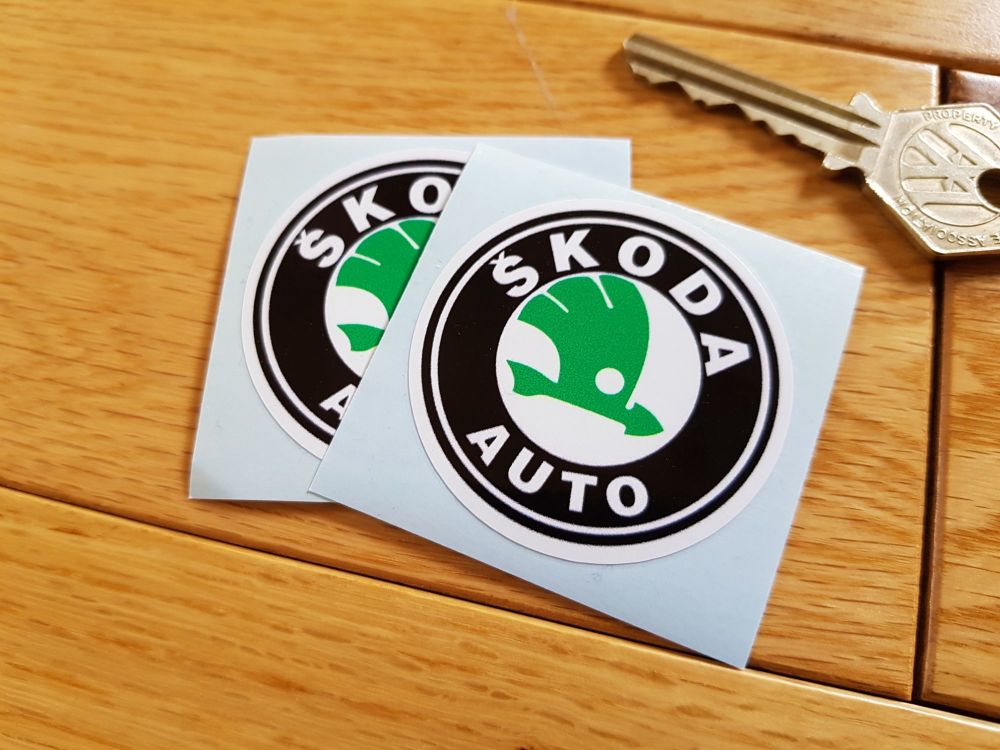Skoda Auto Black, Green & White Circular Logo Stickers. 2 Pair.