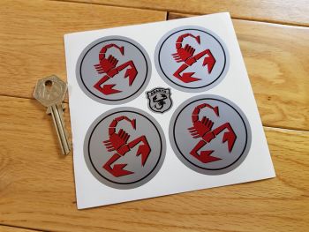 Abarth & Co Scorpion Red on Silver Wheel Centre Stickers. Set of 4. 50mm or 60mm.