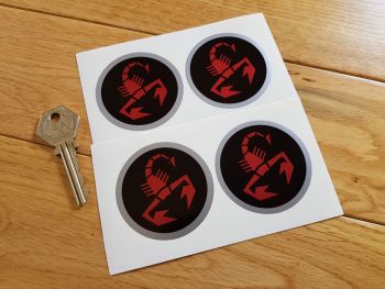 Abarth & Co Scorpion Red on Black Wheel Centre Stickers. Set of 4. 35mm, 50mm, or 55mm.