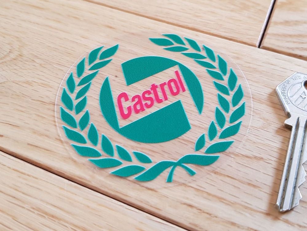 Castrol 58-68 Garland Circular Window Sticker. 80mm.