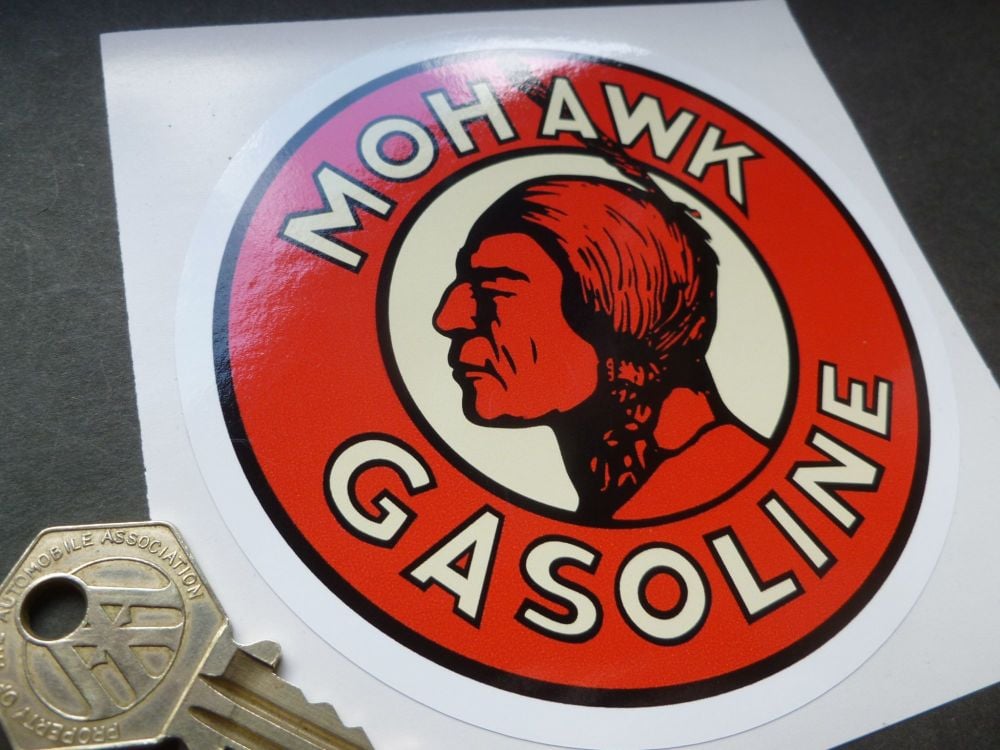 Mohawk Gasoline White Border Stickers. 110mm Pair.
