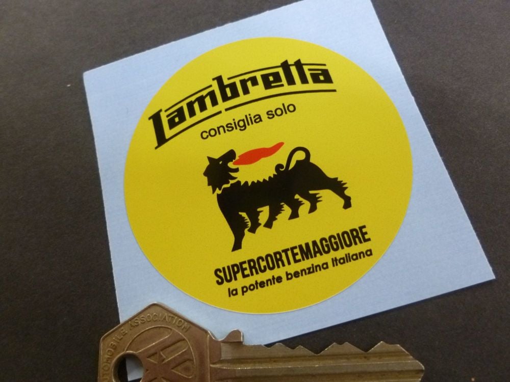 Lambretta Recommend Only Supercortemaggiore Oil & Petrol Vintage Style Sticker. 66mm.