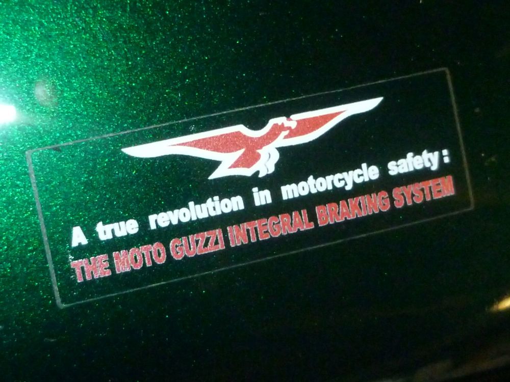 Moto Guzzi Integral Braking System Sticker. Red, White, & Clear. 2.5".