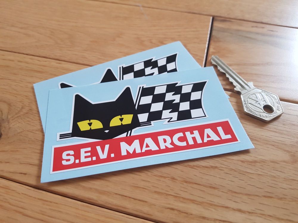 SEV Marchal Cat & Script Red with White S.E.V. Stickers. 2" or 4" Pair.