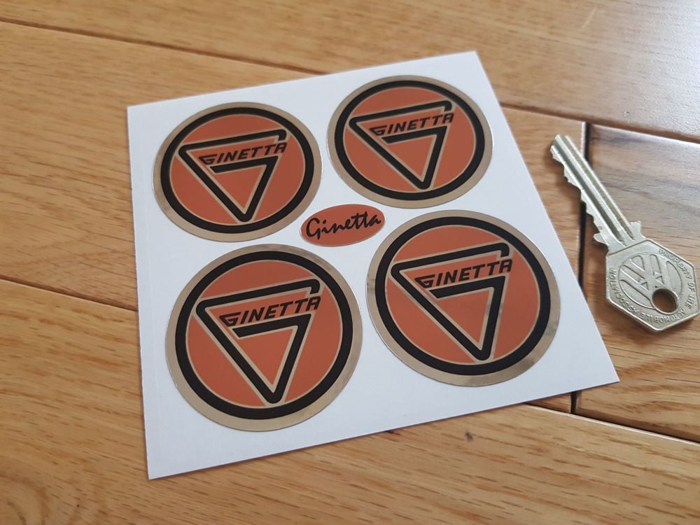 Ginetta Wheel Centre Style Stickers. Chrome Foil Background. Set of 4. Various Sizes.