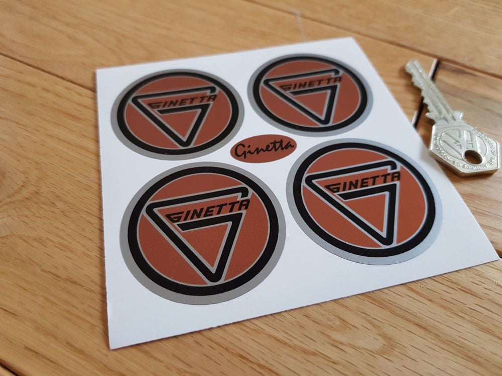 Ginetta Wheel Centre Style Stickers. Silver Background. Set of 4. Various Sizes.
