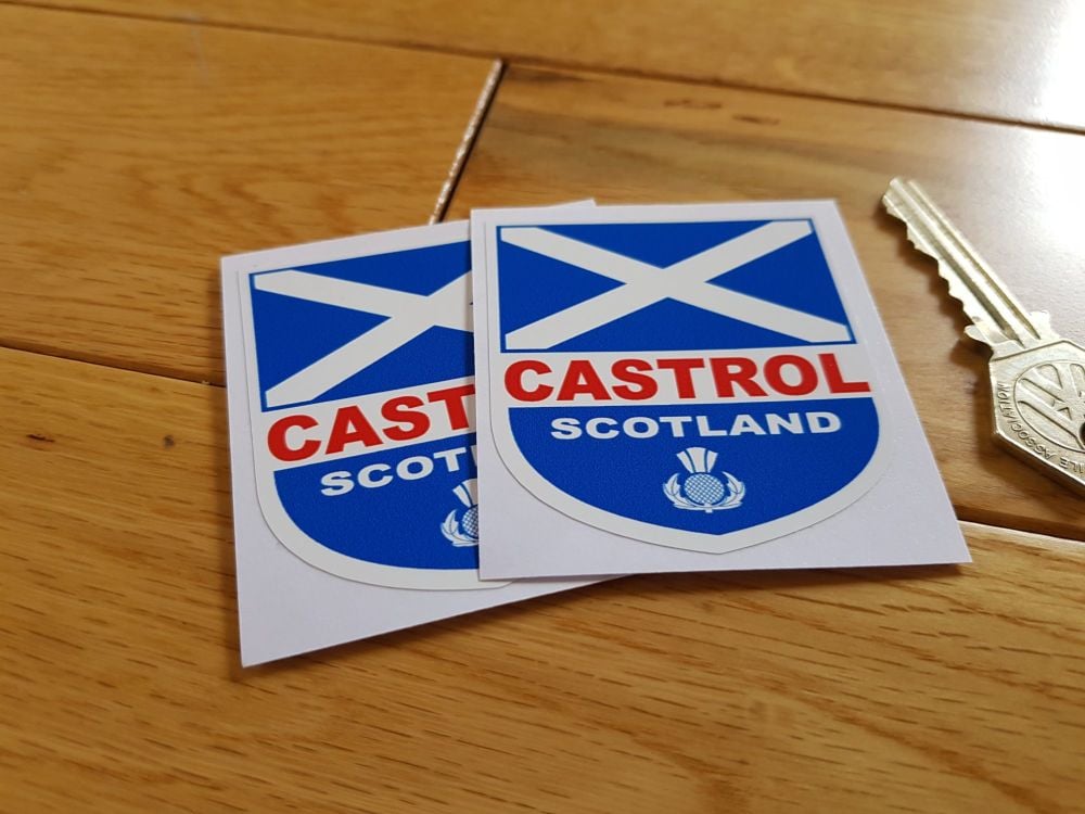 Castrol & Scottish Saltire Shield Stickers. 2" Pair.