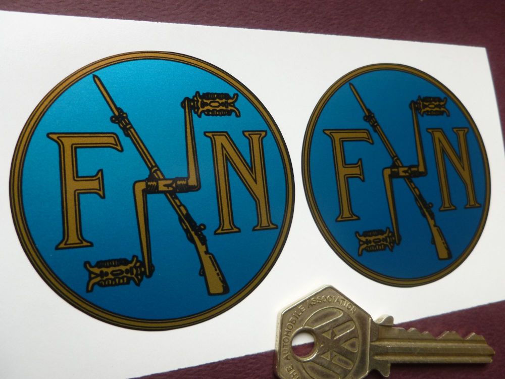FN Gold & Black/Blue Stickers. 60mm Pair.