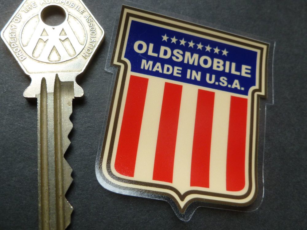 Oldsmobile Made In U.S.A Shield Shaped Window Sticker. 2".