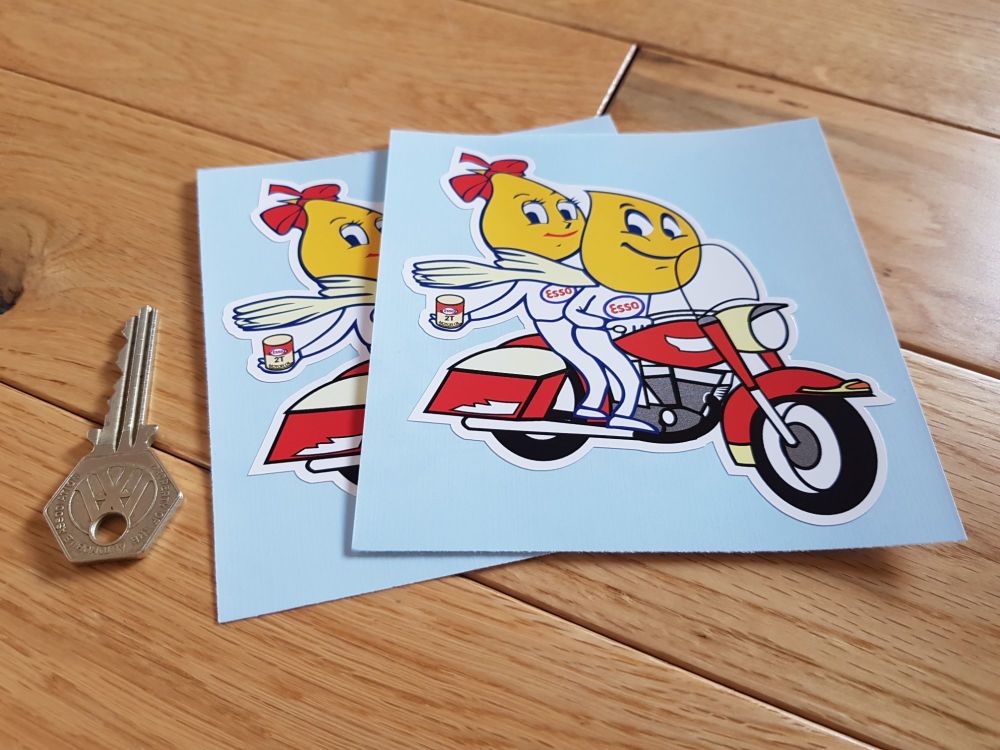 Esso Oil Drip Couple on Bike Stickers. 4" Pair.